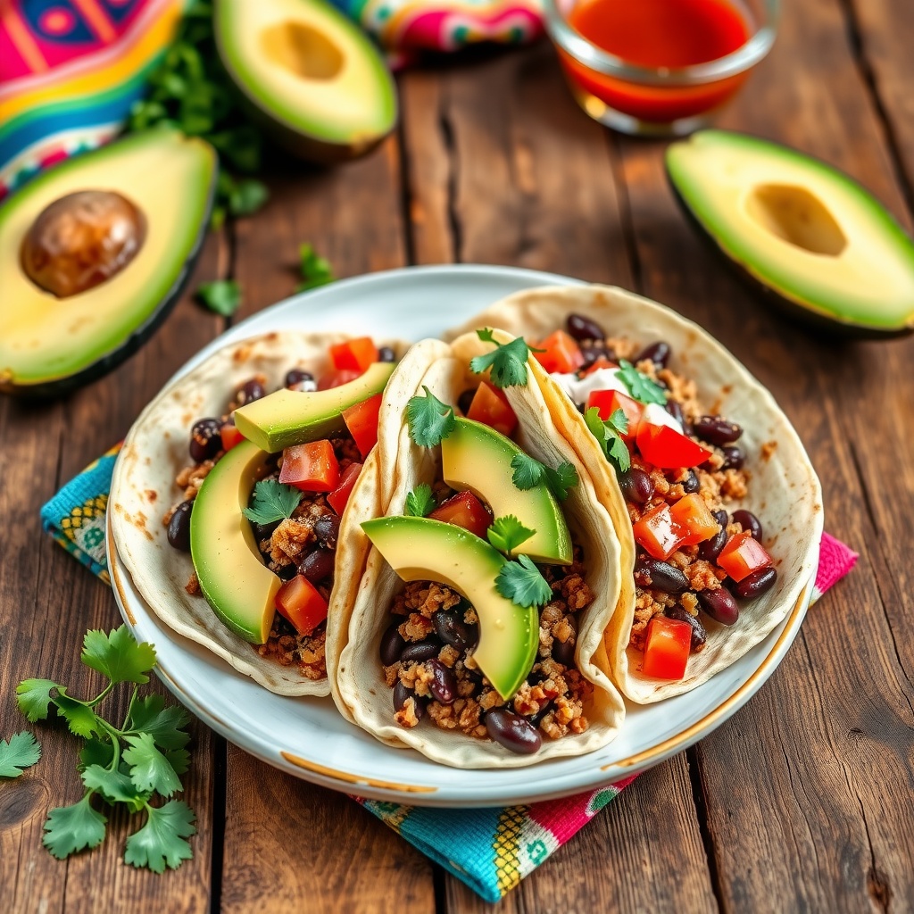 Vegetarian tacos filled with black beans and quinoa, topped with avocado and tomatoes on a wooden table.